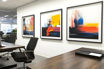 Executive office features modern art, wood desk, and rolling chair for a sophisticated workspace design in a corporate setting