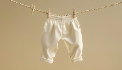 Little boy pants clothing hanging with clothespin on rope, solid background