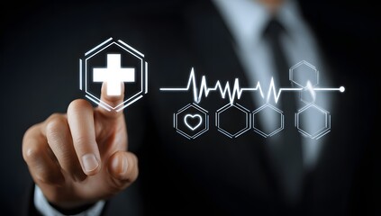 Businessman touching digital healthcare interface with medical icons