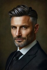Fototapeta premium A man with sleek, well-groomed hair in an elegant style. His short, neat side part highlights his jawline.