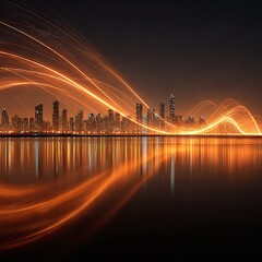Dynamic Light Trails Flowing Over a Modern City Skyline Reflection at Night, Representing Global Connectivity, Data Transfer, and Speed


