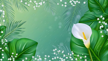 Tropical Green Leaves and White Lily Flower Botanical Background Illustration