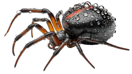 Spider Covered in Dew: Captivating close-up of a glistening spider, its intricate form accentuated by water droplets, showcasing nature's delicate beauty.