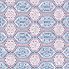 Seamless pastel abstract pattern with geometric symmetry and wavy lines. Elegant kaleidoscopic design in blue and pink hues for backgrounds and textiles.
