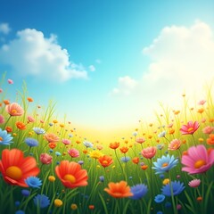 Obraz premium Colorful Summer Flower Meadow with Sunbeams, Blue Sky, and Bokeh Lights — Nature Background Banner