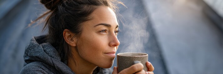 Young woman drinking a hot beverage while camping in nature, enjoying the peace and quiet of the early morning, embracing the outdoor lifestyle