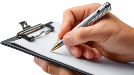 Documenting Essentials: A hand meticulously fills out a document, its pen poised to record essential information, the clipboard a reliable companion in this task.