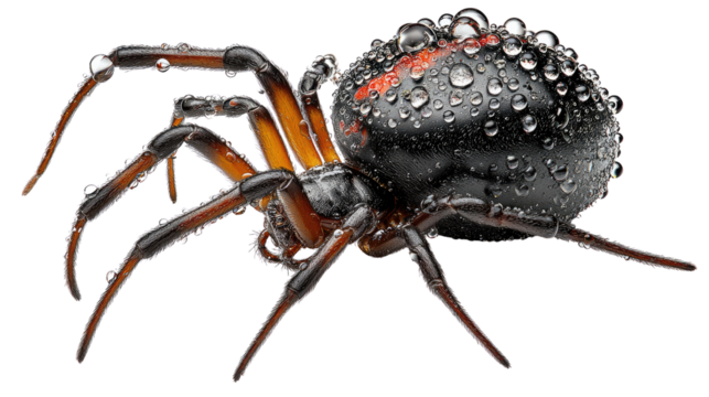 Spider Covered in Dew: Captivating close-up of a glistening spider, its intricate form accentuated by water droplets, showcasing nature's delicate beauty.