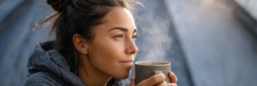 Young woman drinking a hot beverage while camping in nature, enjoying the peace and quiet of the early morning, embracing the outdoor lifestyle