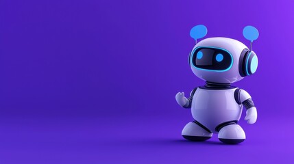 Friendly cartoon robot with a vibrant purple background