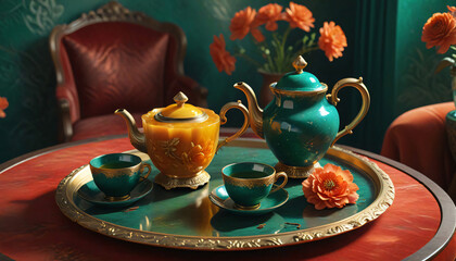 Fototapeta premium Pink roses, teacup, and a sweet dessert create a cozy morning still life with hot tea on a white table