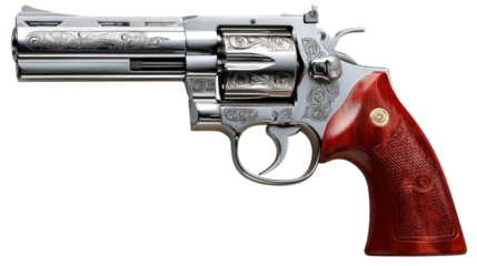 Classic Revolver: A detailed, close-up shot of a classic revolver with a polished silver finish and intricate engravings, highlighting the fine craftsmanship of this firearm.