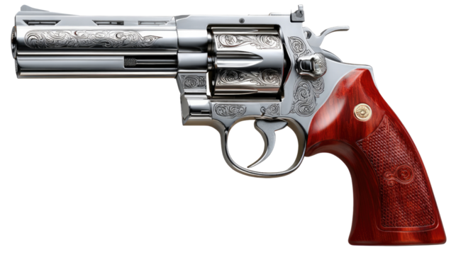 Classic Revolver: A detailed, close-up shot of a classic revolver with a polished silver finish and intricate engravings, highlighting the fine craftsmanship of this firearm.