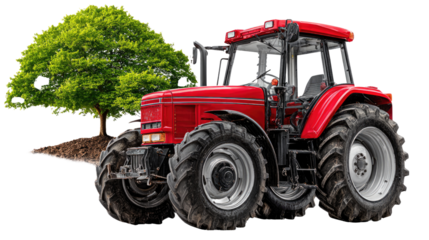 Modern Red Tractor at Work: A robust red tractor, symbolizing agricultural progress, stands poised next to a flourishing tree.
