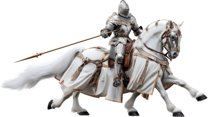 Knight on White Horse: A valiant knight clad in gleaming armor rides a majestic white horse, exuding courage and chivalry, ready for battle.