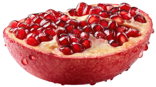 Juicy Half Pomegranate: A close-up shot of a cut pomegranate half reveals its vibrant red seeds. Dew-kissed and glistening, a perfect image of nature's bounty. 