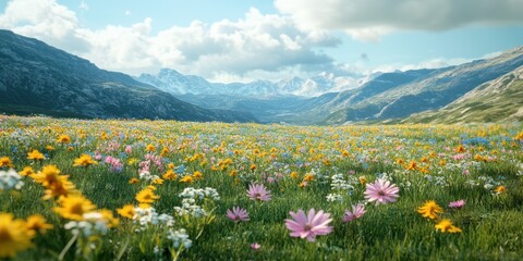 Vibrant wildflower meadow in the mountains during a sunny day with fluffy clouds in the sky