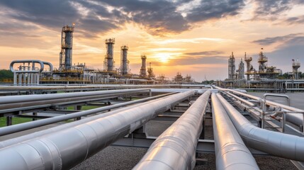 Industrial refinery with extensive pipelines at sunset, showcasing energy infrastructure and modern processing technology