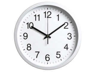 A clean white circular clock with bold black numbers and hands clearly indicates the time.