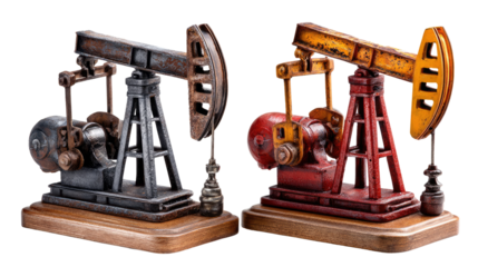 Oil Pumpjack Duo: Two meticulously crafted, detailed pumpjack models, one a rustic gray and the other a vibrant yellow and red, stand side-by-side.