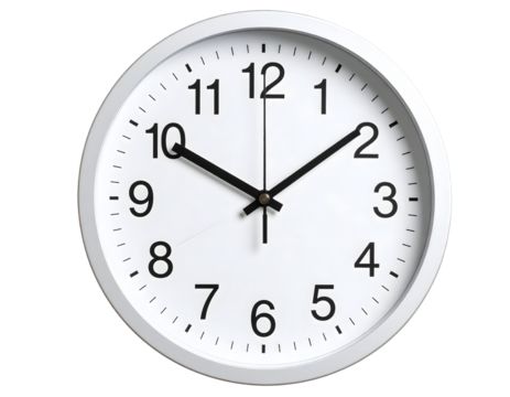 A clean white circular clock with bold black numbers and hands clearly indicates the time.