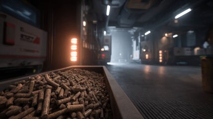 Fototapeta premium A container of wood pellets sits in a modern industrial facility with bright lights and metallic surfaces
