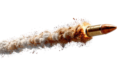 Bullet in Motion: A high-speed, detailed shot of a bullet in flight, with motion and speed, leaving a smoky trail that shows the power and force of its trajectory.