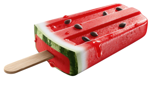 Watermelon popsicle: A refreshing and photorealistic popsicle in the form of a watermelon slice, the red juicy ice cream with some seeds ready to cool you down. - Powered by Adobe