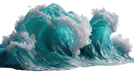 Majestic Turquoise Wave: A powerful, photorealistic turquoise wave crests, its frothy foam contrasting with the deep ocean hue, showcasing the raw energy of the sea.
