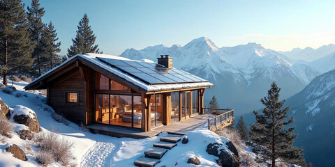 Modern Solar Panels on Luxury Mountain Chalet in Aspen, Colorado, Panoramic Snow-Capped Views, Sustainable Energy, Solar-Powered Home, Clean Energy, Renewable Resources, Eco-Friendly Architecture.
