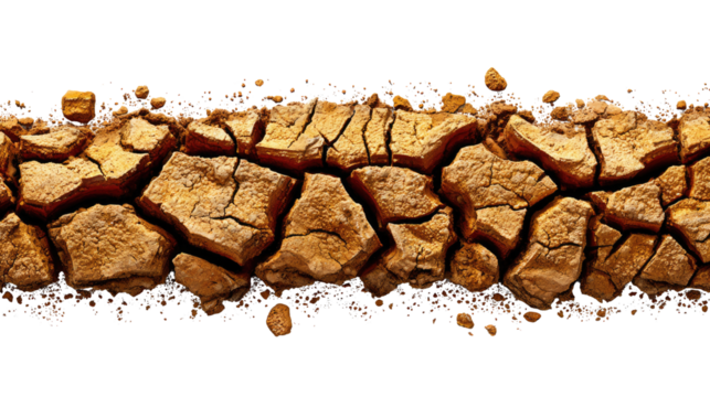 Cracked Earth: A high-angle, close-up shot of parched earth, its surface intricately fissured with cracks, suggesting drought and environmental distress.