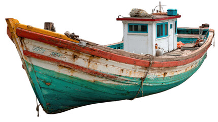 Obraz premium Old Fishing Boat: A vibrant, weathered fishing boat with a charming, rustic aesthetic rests, evoking tales of seafaring adventures and maritime history.