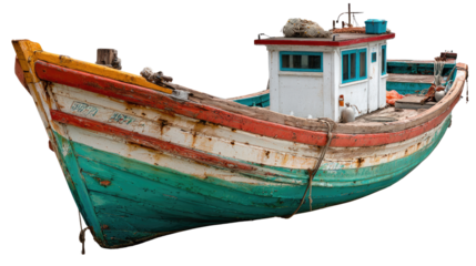 Old Fishing Boat: A vibrant, weathered fishing boat with a charming, rustic aesthetic rests, evoking tales of seafaring adventures and maritime history.