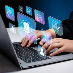 Hands type on laptop with cloud computing, database, and document management icons overlayed.