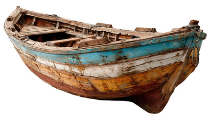 Obraz premium Weathered Vessel's Tale: An old, weathered wooden boat, its vibrant hues faded by time and elements, rests serenely, hinting at stories of past voyages and seafaring tales.