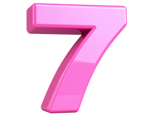 1 - Bold Pink Number Seven with Glossy Finish, Front View, Isolated on White Background PNG