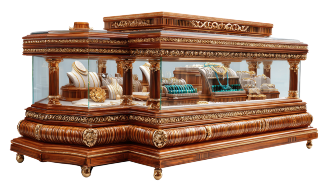 Luxury Showcase of Ornate Jewelry Display: A stunning display case showcasing exquisite jewelry, its rich wood and intricate carvings framing precious gems and elegant designs.