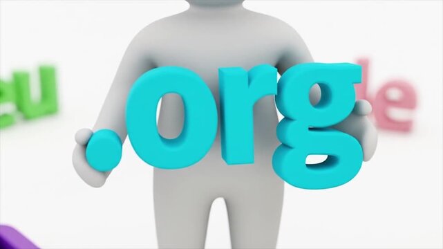 A white 3D character holds the bright cyan letters for the .org internet domain.