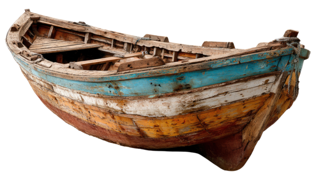 Weathered Vessel's Tale: An old, weathered wooden boat, its vibrant hues faded by time and elements, rests serenely, hinting at stories of past voyages and seafaring tales.