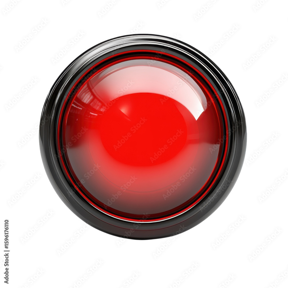 Poster Luminous Red Button Glossy Shiny Interface Element with Chrome Bezel Alert on transparent background