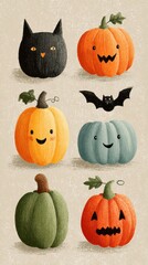 Collection of cute and spooky pumpkins and a bat celebrating Halloween in a playful illustration