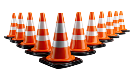 Traffic Cones in Formation: A symmetrical line of vibrant orange and white traffic cones stands in a straight line, signaling caution and directing movement.