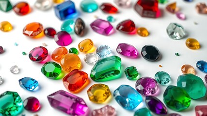 Collection of colorful gemstones scattered on a white surface displaying variety and brilliance