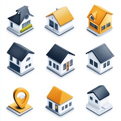 Bright and colorful collection of 3D house designs with various shapes and features displayed in a grid layout