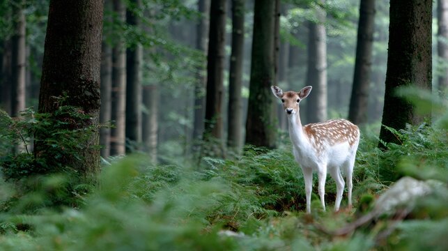 Fototapeta Fallow deer standing in lush green forest habitat
