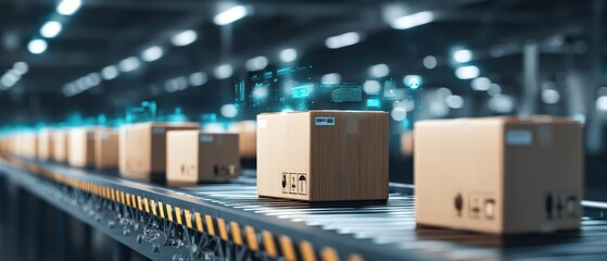 Cardboard boxes move along an automated conveyor belt in a modern warehouse with digital data overlays