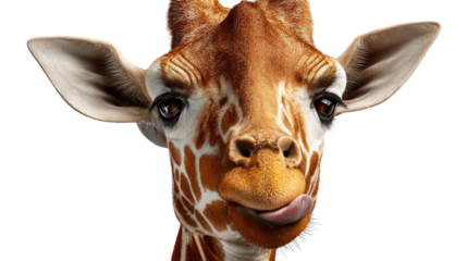 Giraffe Portrait with Tongue Out: An up-close portrait of a giraffe, its distinctive coat and features perfectly illuminated, with tongue extended, displaying a touch of whimsy in a realistic style.