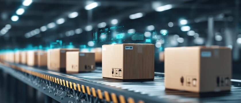 Cardboard boxes move along an automated conveyor belt in a modern warehouse with digital data overlays