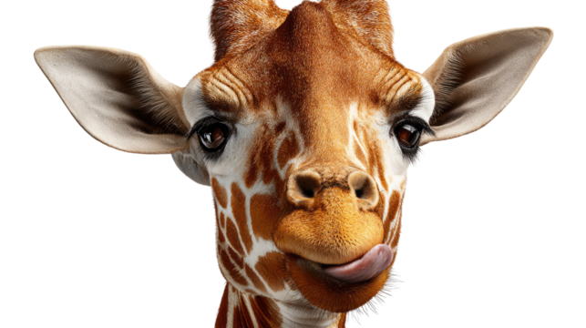 Giraffe Portrait with Tongue Out: An up-close portrait of a giraffe, its distinctive coat and features perfectly illuminated, with tongue extended, displaying a touch of whimsy in a realistic style.