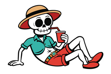 Naklejka premium Cartoon Skeleton Sipping Drink Relaxing in Straw Hat, Turquoise Shirt, Red Shorts, Shoes